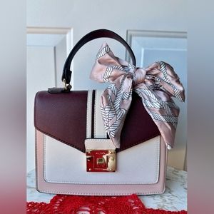 New! Aldo Women's Leather Handbag Burgundy Ivory Pink Buckle Clouser